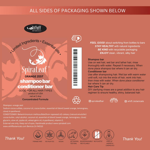 SPIRALEAF Solid Shampoo & Conditioner Bar Set, ORANGE ZEST, Fragrance-Free, Premium Hair Care