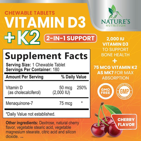 Vitamin D3 K2 2000 IU Plus with K2 (MK-7) 75 mcg, Vitamins D & K Complex Supplement for Bone and Heart Health
