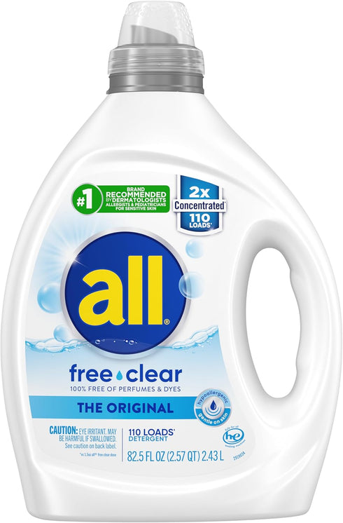 all Liquid Laundry Detergent, Free Clear for Sensitive Skin, Unscented, 2X Concentrated, 110 Loads
