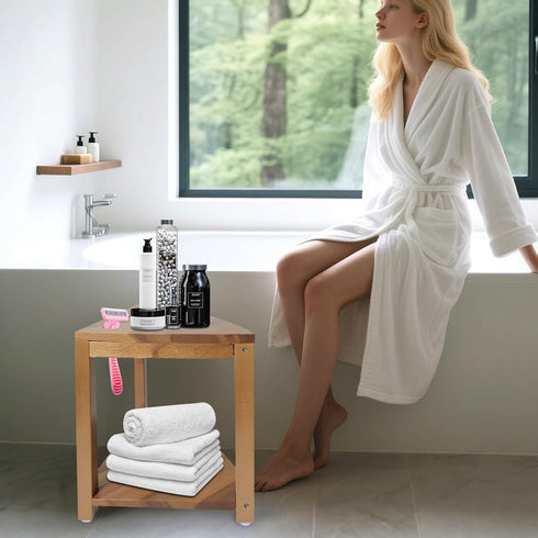 BHNJUTM 14.5 Corner Shower Stool in,Shower Foot Rest with Storage Shelf, Shower Shaving Stool for Shaving Legs, Shower