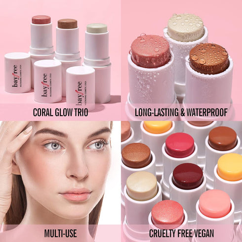 KIMUSE Multi Stick Trio Face Makeup, Cream Blush Stick for Cheeks & Lips, Contour & Highlighter Sticks