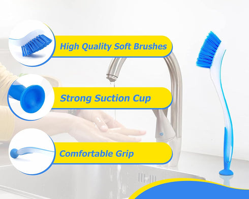 Plastic Long Handled Scrubbing Brush with Suction Cup, Durable Bristles, Assorted Colour, Pack of 3