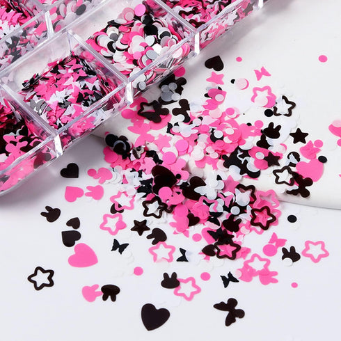 Holographic Nail Art Glitter Sequins, 3D Pink Black Flakes Designs, Love Heart Butterfly Star Floral Supplies for Women