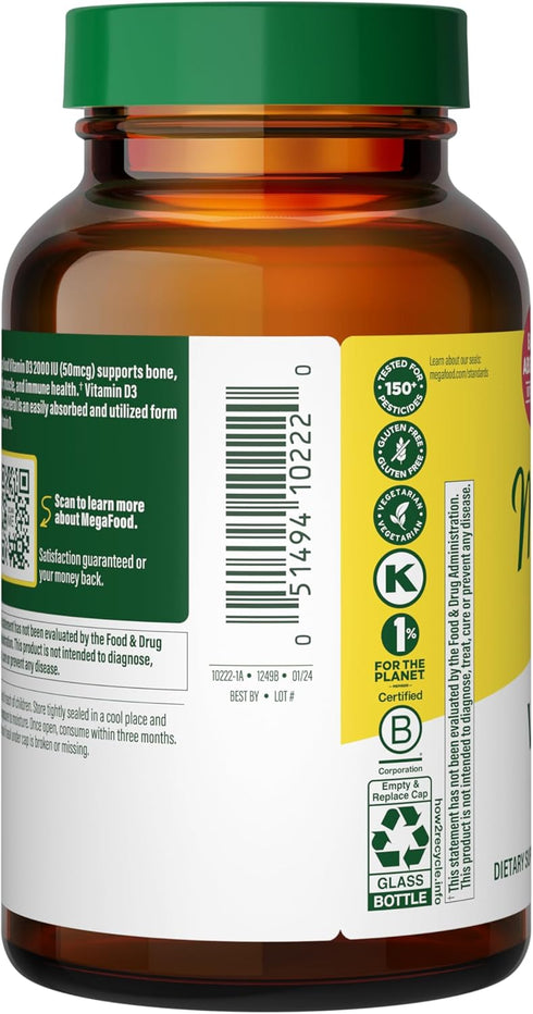 MegaFood Vitamin D3 2000 IU (50 mcg) - 90 Tablets, Immune Support, Vegetarian, Non-GMO, Kosher