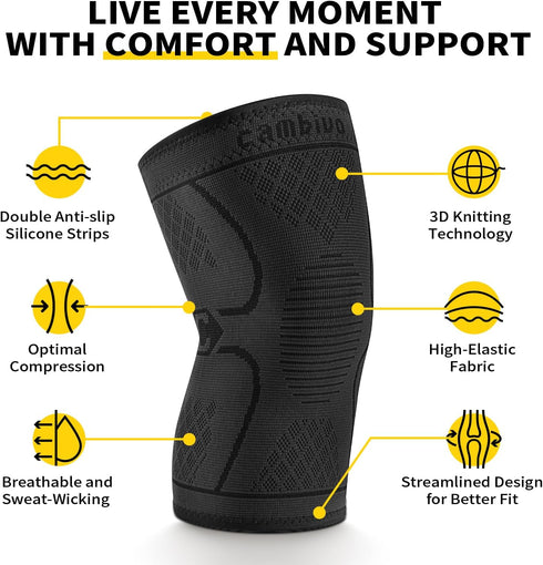 CAMBIVO Knee Brace Support (2 Pack), Knee Compression Sleeve for Running, Hiking, Basketball, Arthritis, ACL, Meniscus