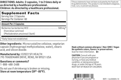 Klaire Labs Berberine HCI 500mg Supplement, Gluten-Free, Hypoallergenic, 120 Capsules