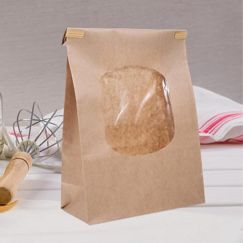 TOPPERFUN 50pcs Packaging Kraft Paper Bread Bags with Window, Large Reusable Bread Bags for Toast Wrapping and Bakery