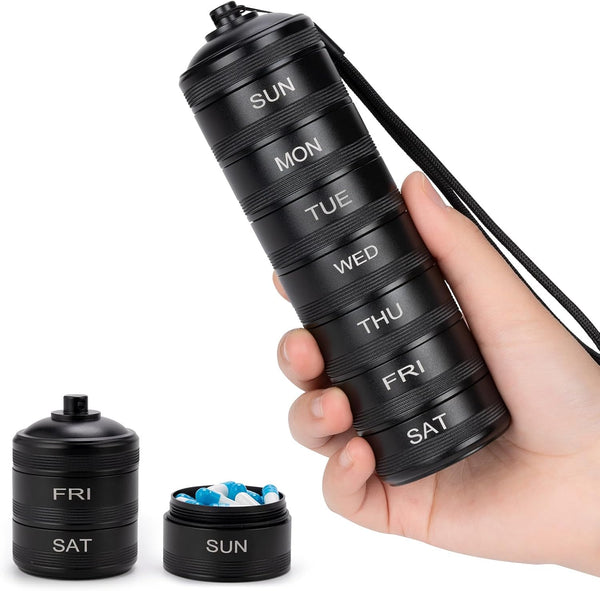 Metal Waterproof Weekly Pill Organizer, 7 Day Large Aluminum Alloy Travel Pill Box, Portable Case for Vitamins and