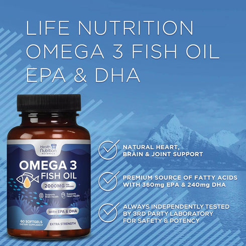 Omega 3 Fish Oil Triple Strength 2000 mg Softgels | 60 Fish Oil Softgels | Natural Brain Heart Joint Health & Immune