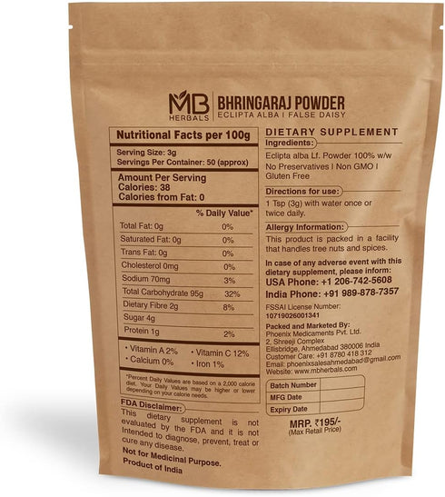 MB Herbals Pure Bhringraj Powder, 100 Grams, Hair Care