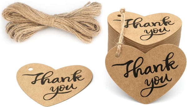 G2PLUS Kraft Paper Gift Tags with String, 100PCS Heart Thank You Tags, 2x2.6 in Brown for Gift Wrapping, DIY Crafts