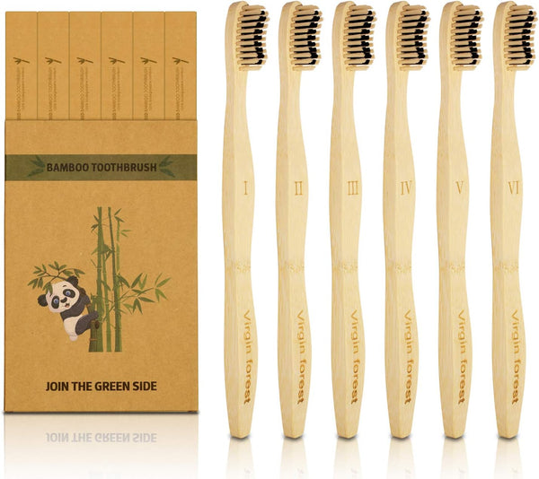 Virgin Forest Bamboo Toothbrush, Biodegradable Soft Bristles, Wooden Toothbrush with Wave-Shaped Handle (6 Pcs)