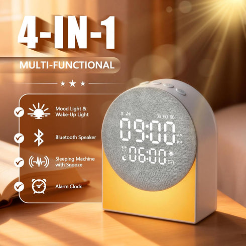 Sunrise Alarm Clock White Noise Sound Machine Night Light, Sound Machine with Speakers Bluetooth Wireless Timer Digital