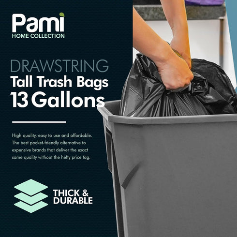 PAMI 13-Gallon Tall Kitchen Drawstring Trash Bags, 80-Pack, Black, Extra-Strong Plastic Liners for Kitchen & Outdoor
