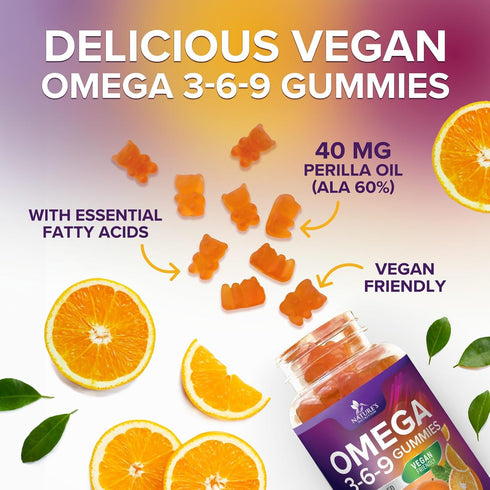 Omega 3 6 9 Vegan Gummies - Triple Strength Supplement for Heart and Brain Support, Non-GMO, Orange Flavor - 120 Gummies