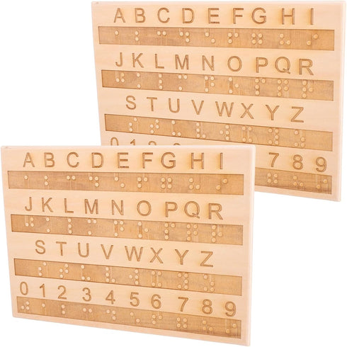 XIHIRCD 2pcs Braille Alphabet Board, Wooden Braille Fingerboard with Raised Dots & Engraved