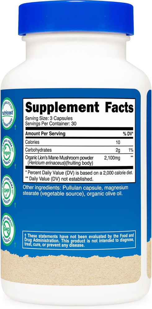 Nutricost Lion's Mane Mushroom Capsules 1650mg, 30 Servings, Organic, Vegetarian, Gluten Free, 90 Capsules