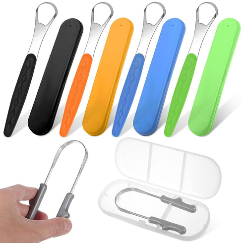 Healifty 4 Pack Tongue Scraper with U-Shaped Cleaner, Stainless Steel for Adults, Includes Travel Cases