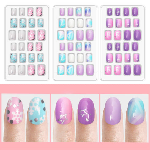 Laza 120pcs Children Nails Press On Pre-glue Full Cover Nail Tips Kit - Glitter Gradient Color Rainbow Short Artificial