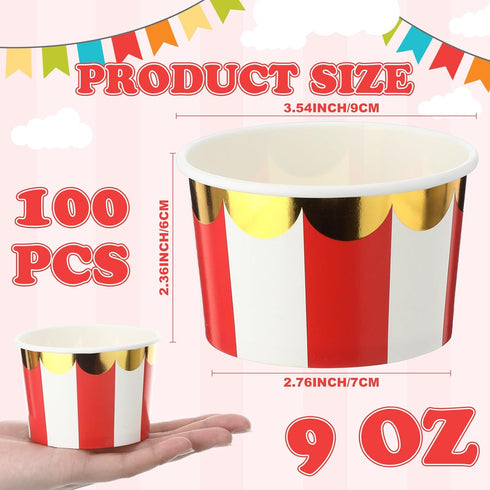 Willinglong 100 9 oz Pcs Circus Carnival Party Cups Red Stripe Paper Ice Cream Cups for Christmas Circus Carnival