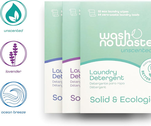 Wash No Waste - PACK 3, Laundry Detergent Strips, 192 washes, Hypoallergenic, Biodegradable, Lavender.
