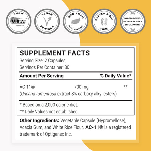 Supersmart AC-11 Supplement 700mg (Cat's Claw Extract) - Non-GMO & Gluten Free - 60 Vegetarian Capsules