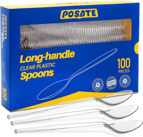 POSATE 7.1" Heavy Duty Plastic Spoons, Clear Disposable Teaspoons, 100 Count