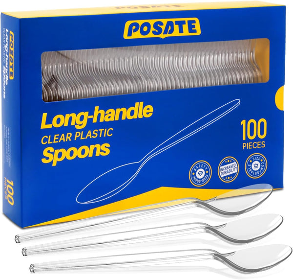 POSATE 7.1" Heavy Duty Plastic Spoons, Clear Disposable Teaspoons, 100 Count