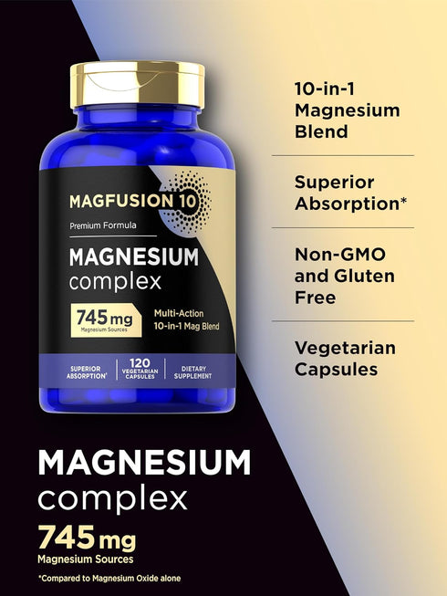Magnesium Complex Supplement 745mg | 120 Capsules | 10 in 1 Blend | Vegetarian, Non-GMO, Gluten Free