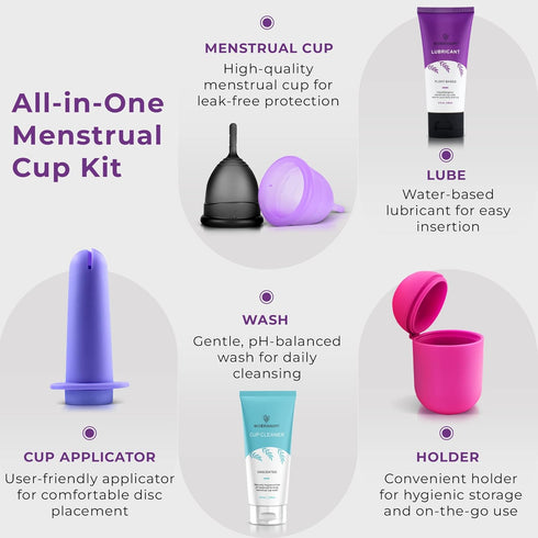 Set Ecoblossom Complete Menstrual Cup Kit - Small & Large Reusable Period Cups, Silicone Sterilizer Holder, Cleansing