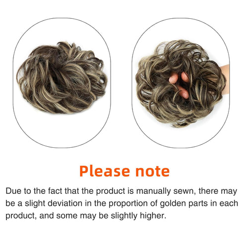 MORICA 1PCS Messy Hair Bun Extension, Curly Wavy Synthetic Chignon Hairpieces for Women (Dark Brown & Ash Blonde)
