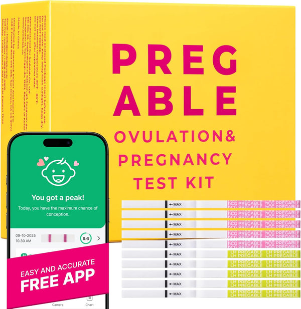 PREGABLE Combo Kit: 50 Ovulation Tests & 20 Pregnancy Tests, Free Tracker app,