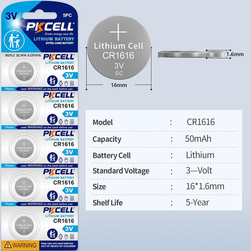 PKCELL 5 Pack CR1616 3V 1616 Lithium Battery CR Battery for Car Key Fob, Remote, Watch