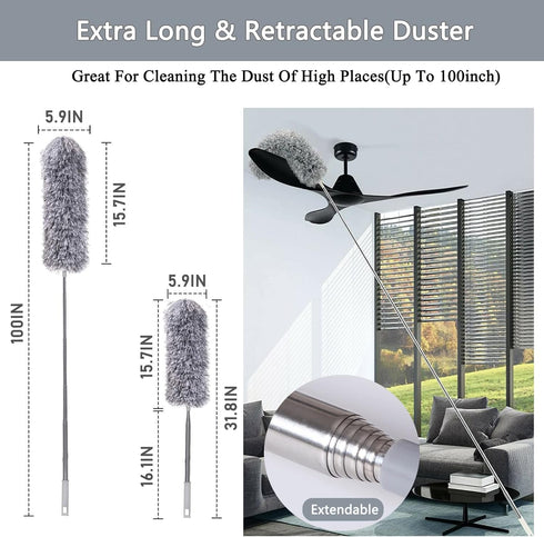 Microfiber Duster Gray with 100" Extension Pole, Telescoping Feather Dusters for Cleaning High Ceilings, Cobwebs, Fans,