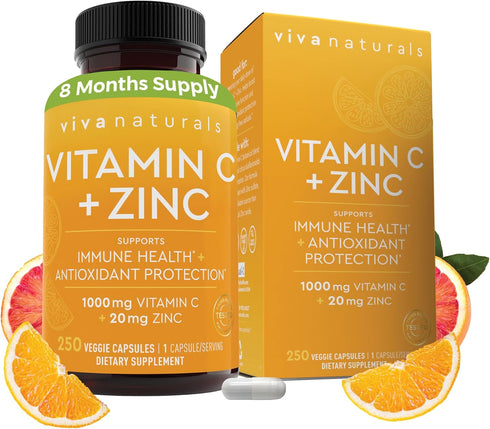 Viva Naturals Vitamin C 1000 mg and Zinc 20 mg Supplement (250 Capsules) for Immune Support, Plant Based