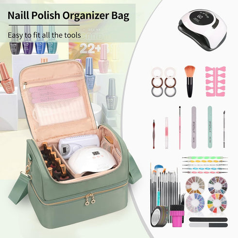 Nail Polish Organizer Case, Travel Nail Tech Carrying Box Holds 45 Bottles & Nail Lamp, Storage for Manicure Tools