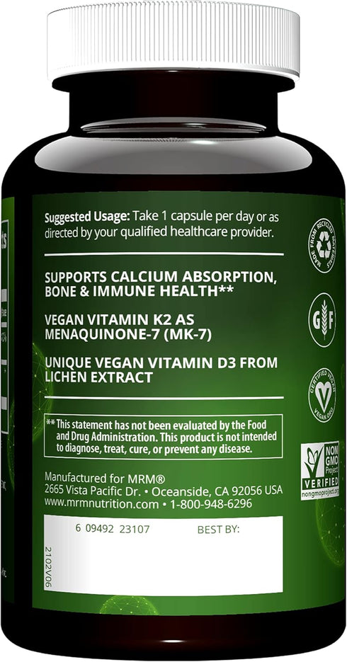 MRM Nutrition Vegan Vitamin D3 & K2, Bone + Immune Health, 60 Servings