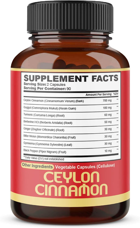 Premium Ceylon Cinnamon with Berberine Supplement - 8in1 Turmeric, Ginger, Gymnema & More - 180 Capsules for Body