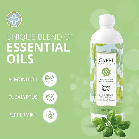 Sweet Basil Natural Dish Soap Liquid with Essential Oils, Plant-Based Cleaning Supplies, 16 oz