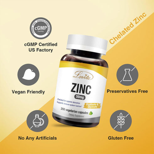Lovita Zinc 50mg - Potent Highly-Absorbed Chelated Zinc Supplements, Picolinate & Bisglycinate - Vegan, Gluten Free,