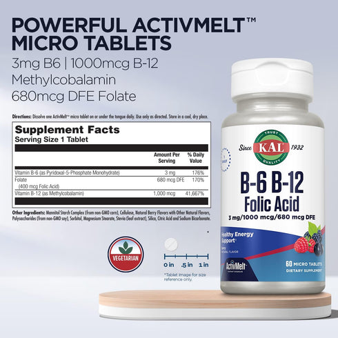 KAL Vitamin B-6, B-12 & Folic Acid Supplement, Heart Health, Energy Support, Natural Berry Flavor, 60 Servings