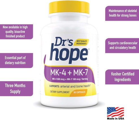 Vitamin K2-90 Capsules with 500 mcg MK4 + 100 mcg MK7 | Bone and General Health Support | High-Potency K-2 Vitamins
