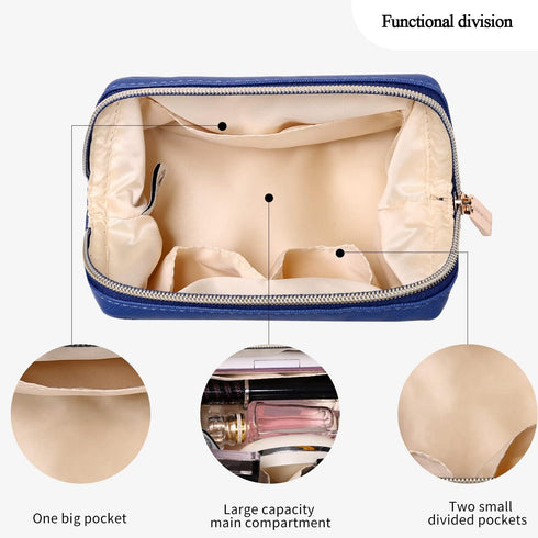 Vegan Leather Waterproof Travel Cosmetic Bag by Angelina's Palace, Toiletry Organizer Makeup Pouches (Dark Chambray)