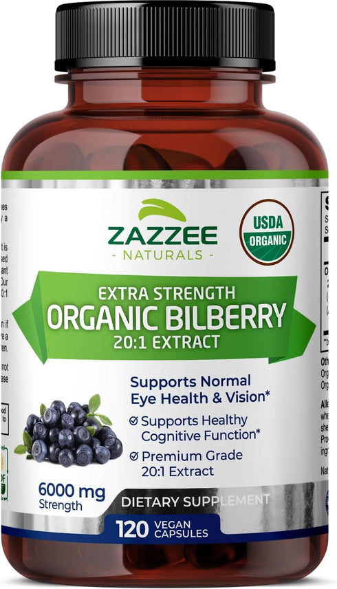 Zazzee USDA Organic Bilberry 20:1 Extract 6000 mg Strength, 120 Vegan Capsules, 4 Month Supply