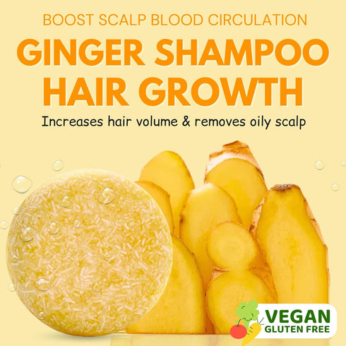 Shampoo Bar Pack 3 - Mix Ginger Rosemary & Rice Water - pH Balanced Hair Growth, Anti Hair Loss, Hair Regrowth Solid Soap Easy for Travel - Sulfate & Silicone Free For All Hair Type