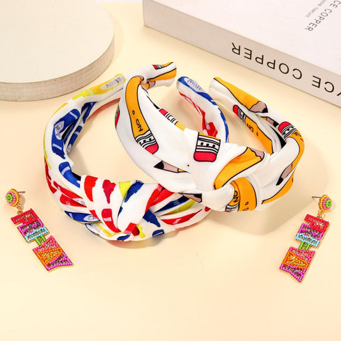 Teacher Headbands for Women, Wide Knotted Pencil Printed Hair Accessory Gifts, Back To School (Pattern A)