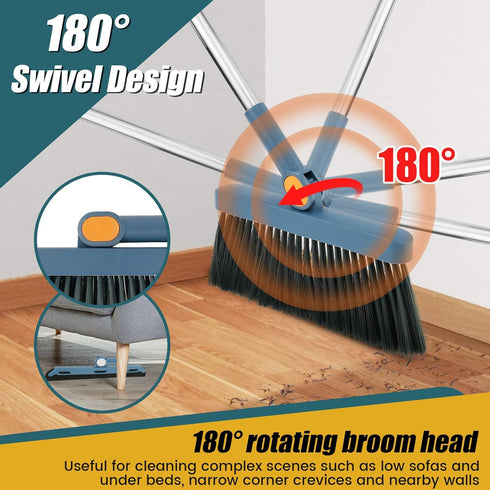 3Pcs Floor Sweeping Set - Broom and Dustpan Combo for Home, 180° Rotating Indoor Broom, Foldable Dustpan (Blue)