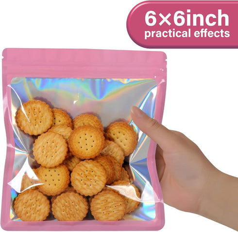 100-pack 6×6 inch Mylar Bags with Clear Window, Holographic Resealable Packaging for Jewelry, Candy, Food Supplies