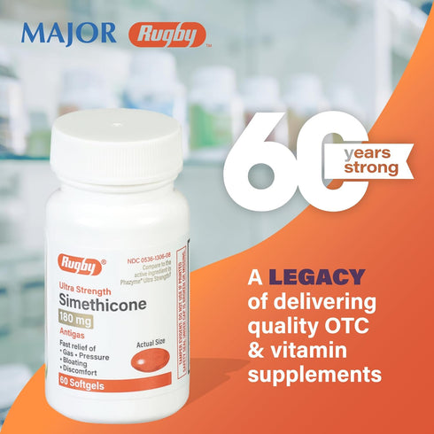 Rugby Ultra Strength Simethicone Gas Relief 180 mg, Maximum Relief for Adults, 60 Softgels (6 Pack)