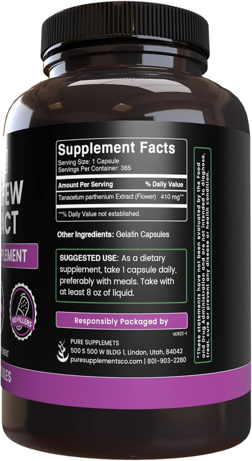 Pure Original Ingredients Feverfew Extract - 365 Capsules, No Magnesium or Rice Fillers, Always Pure